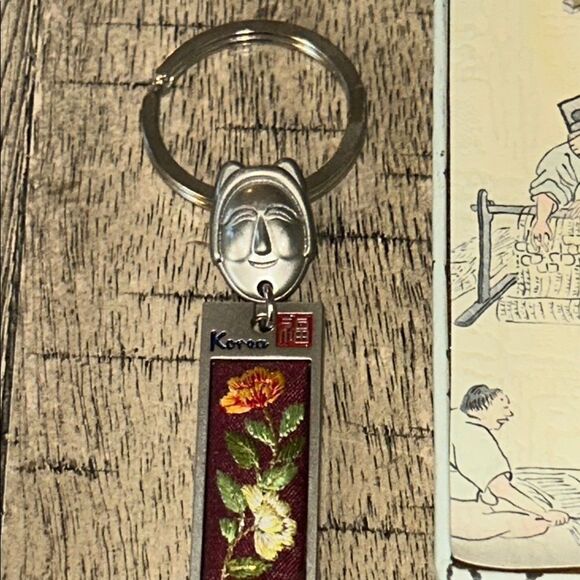 Silver Tone Korean Mask Keychain with Flower 🌺 Tag In Box 🗃️ engraved back Korea - Picture 15 of 17